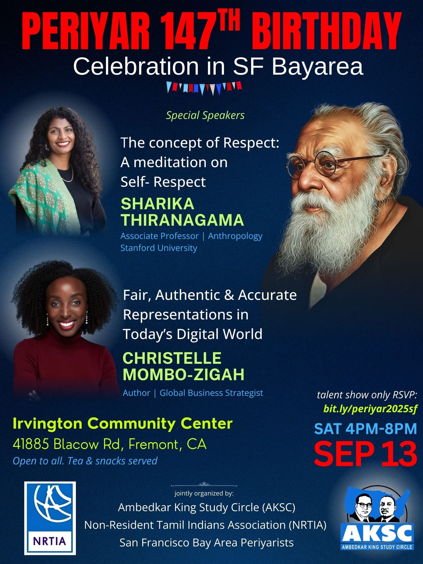Poster for Periyar's 147th birth anniversary celebration, with portraits of Periyar, Sharika Thiranagama, and Christelle Mombo-Zigah alongside the event date and Fremont venue.